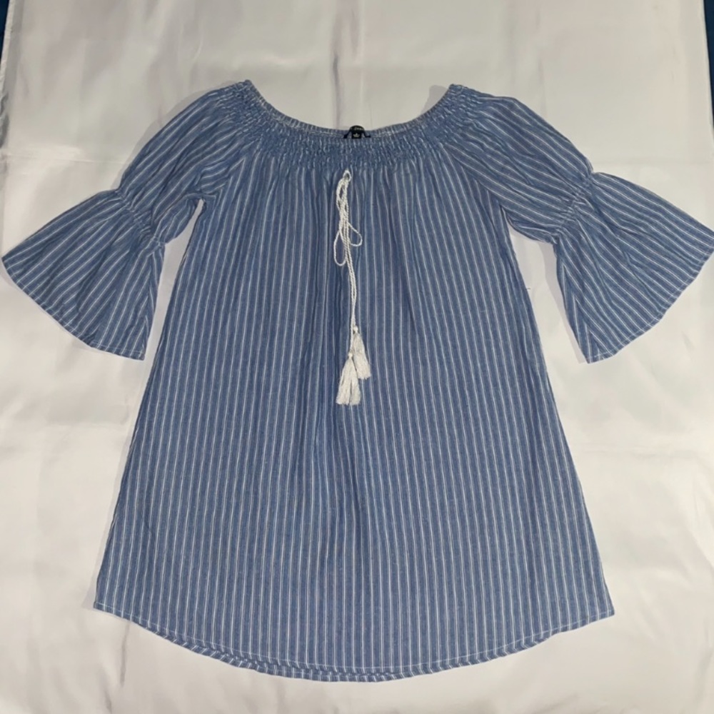 I Joah Striped Off The Shoulder Flare Sleeves Dress
